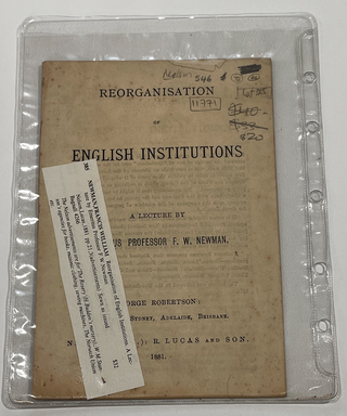Item #11771 Reorganisation of English Institutions. A Lecture By Emeritus Professor F.W. Newman....
