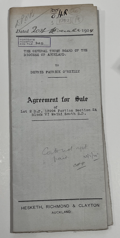Item #12912 Agreement for Sale - General Trust Board of the Diocese of Auckland to Dennis Patrick O'Reilly