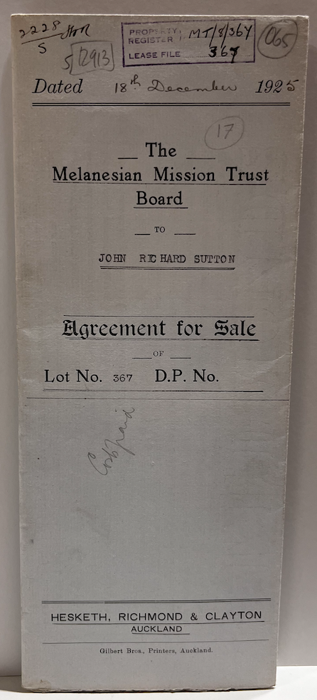 Item #12913 Agreement for Sale - The Melanesian Mission Trust Board to John Richard Sutton