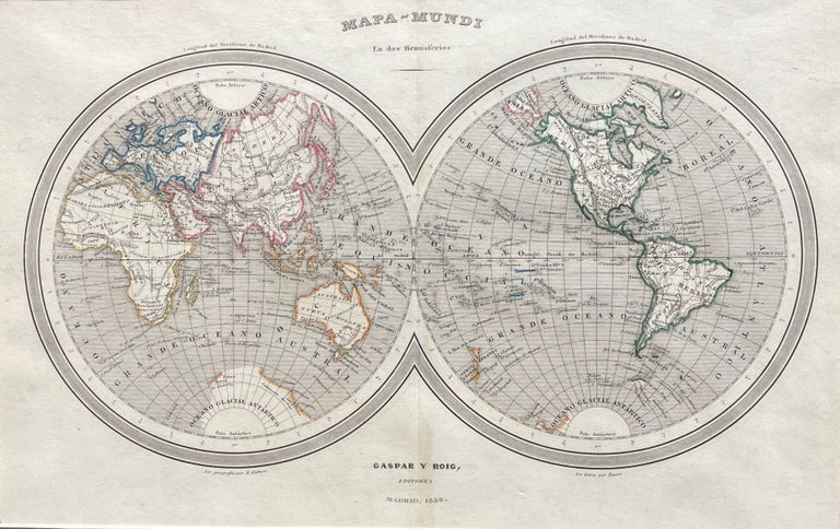 Item #14900 Mapa Mundi En Dos Hemisferios Gaspar Y Roig, Editores. Madrid, 1852. Gaspar Y. ROIG.