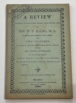 Item #17244 A Review on Two Lectures (on Baptism). H. S. Earl
