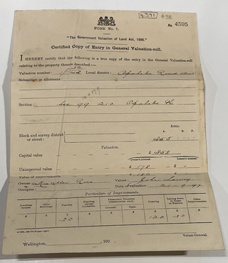 Item #4371 Opaheke. Certified Copy of Entry in General Valuation-roll Relating to Property [at]...