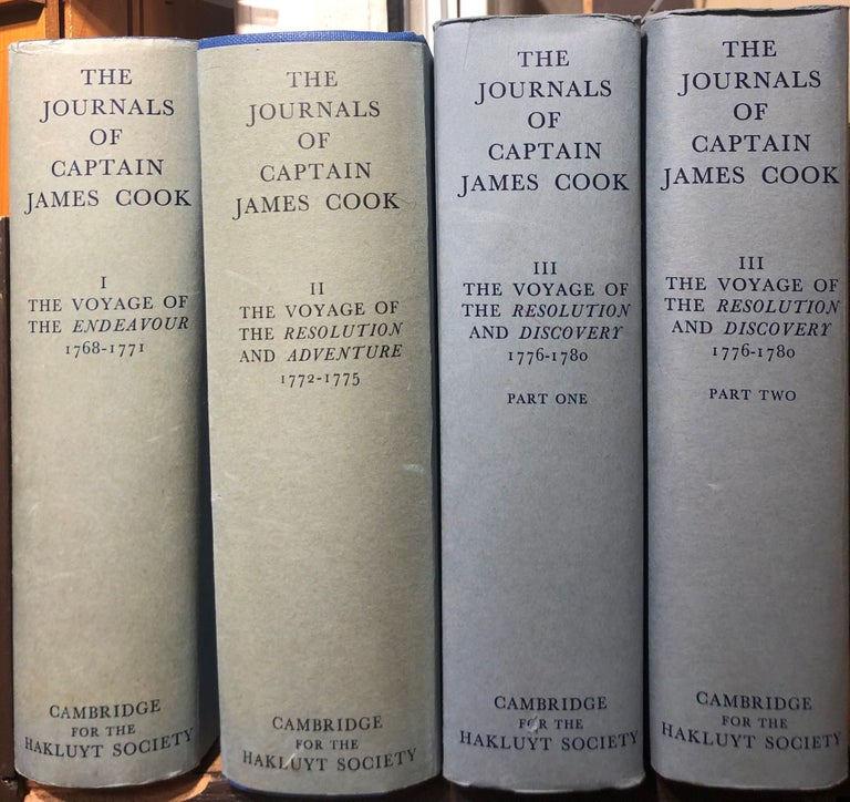 Item #791 The Journals of Captain James Cook on his Voyages of Discovery 3 volumes..Vol 1 Voyage of the Endeavour 1768-1771 Vol II Voyage of the Resolution and the Adventure 1772-1775 Vol III(two parts) Voyage of the Resolution and the Discovery 1776-1780. Captain COOK James.